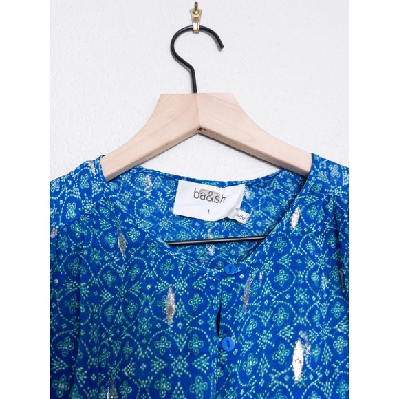 ba&sh Madrid Silk Metallic Print Blouson Mini Dress S Bohemian Lightweight Pleat - Picture 5 of 11